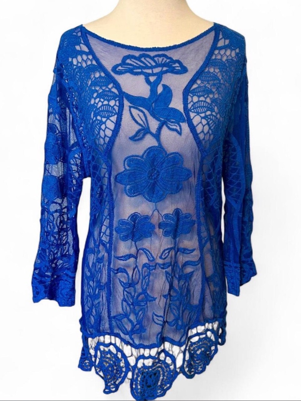 M039 // Ethyl Royal Blue Sheer Lace Tunic Top - NWT - Size Large